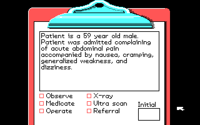 Life & Death IBM PC/Compatibles Screenshot: Here's what the patients chart says.