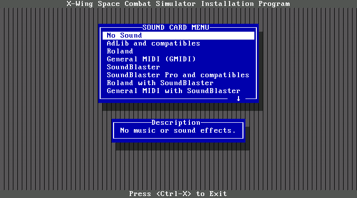 Star Wars: X-Wing IBM PC/Compatibles Screenshot: Sound card selection menu.