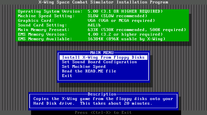 Star Wars: X-Wing IBM PC/Compatibles Screenshot: Install program start.