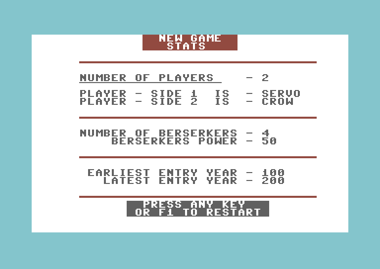 Berserker Raids Commodore 64 Screenshot: New game stats.