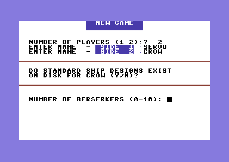 Berserker Raids Commodore 64 Screenshot: Setting up a new game.