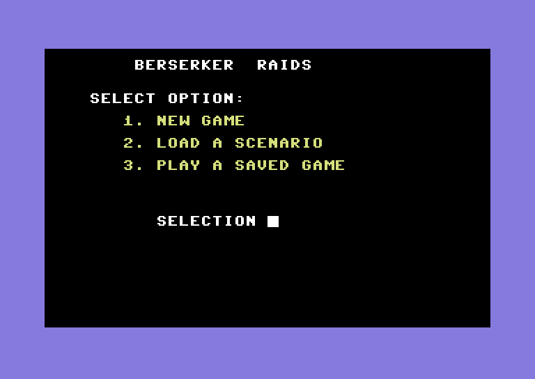 Berserker Raids Commodore 64 Screenshot: The main game menu.