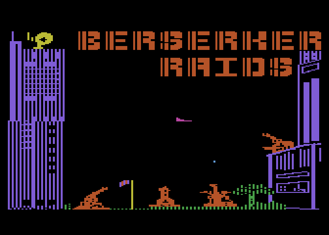Berserker Raids Atari 8-bit Screenshot: The Atari version features an interactive title screen where you can attempt to shoot a ship flying by.