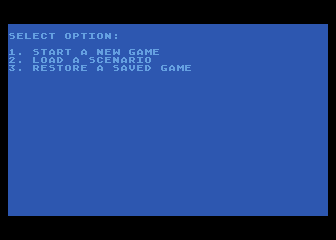 Berserker Raids Atari 8-bit Screenshot: Start a new game? Or load a scenario or a previous game?