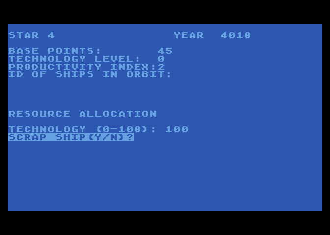 Berserker Raids Atari 8-bit Screenshot: You may need to scrap a ship if you allocate too many resources...