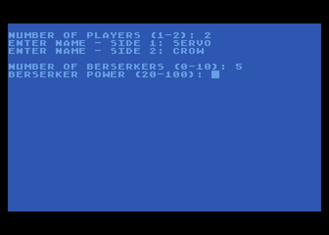 Berserker Raids Atari 8-bit Screenshot: Setting up a new game.