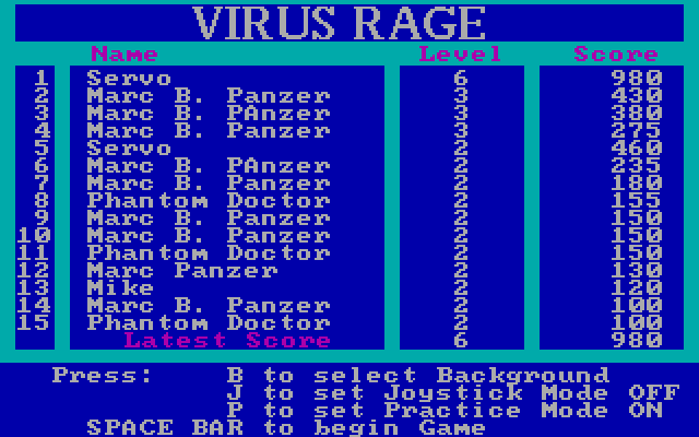 Virus Rage IBM PC/Compatibles Screenshot: High scores.