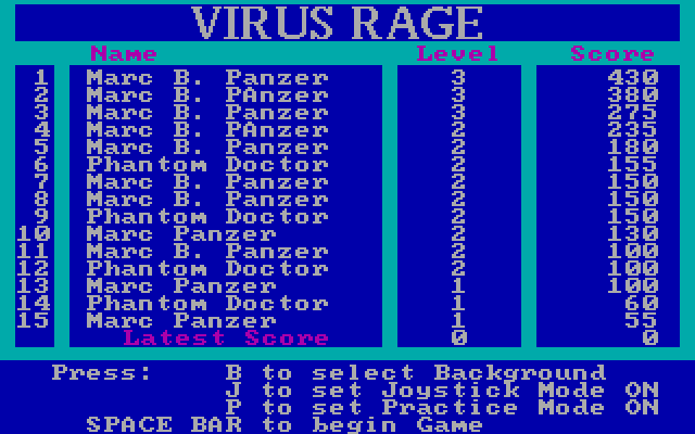 Virus Rage IBM PC/Compatibles Screenshot: High scores and game options.
