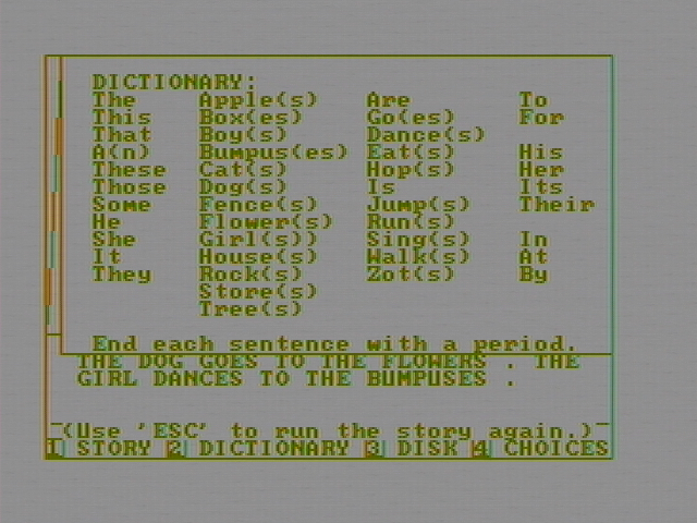 Story Machine IBM PC/Compatibles Screenshot: Here is the dictionary of words.