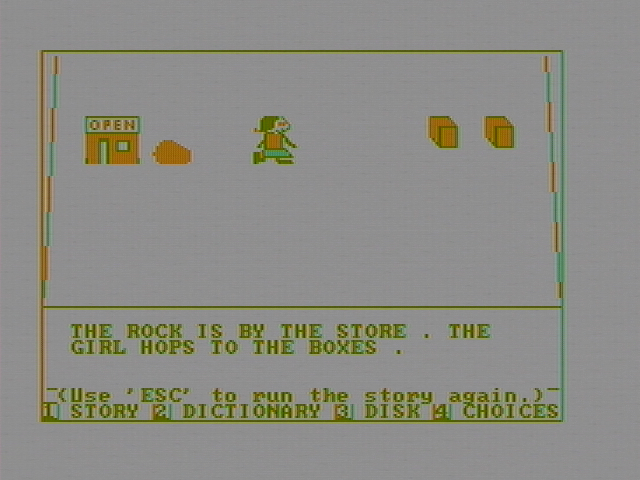 Story Machine IBM PC/Compatibles Screenshot: The girl hops towards the boxes.