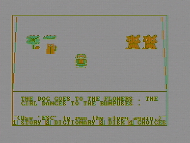 Story Machine IBM PC/Compatibles Screenshot: There are a few types of actions available including dancing, running, hopping, and a few more.