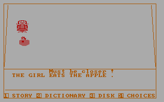 Story Machine IBM PC/Compatibles Screenshot: The girl tries to eat the apple, but is too far away.
