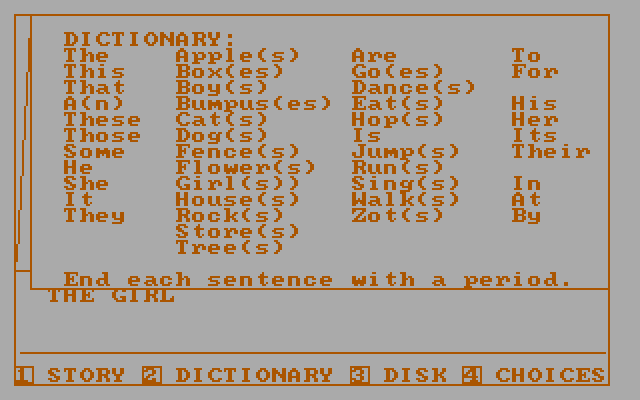 Story Machine IBM PC/Compatibles Screenshot: Here is the dictionary of words.