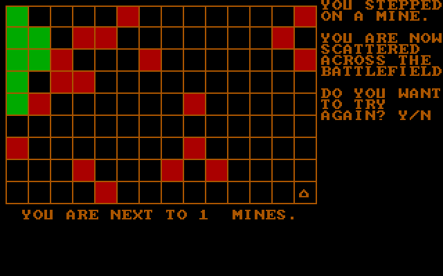 Landmine IBM PC/Compatibles Screenshot: Oops, didn't make it; game over.
