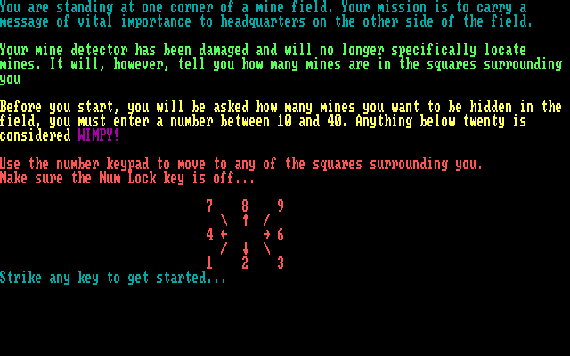 Landmine IBM PC/Compatibles Screenshot: Game instructions.