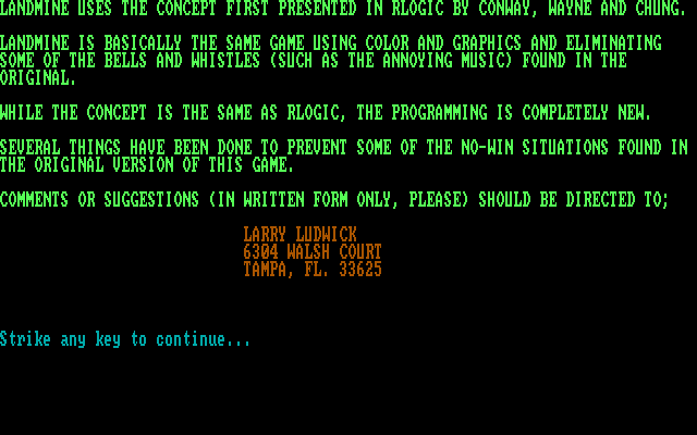 Landmine IBM PC/Compatibles Screenshot: Game introduction.