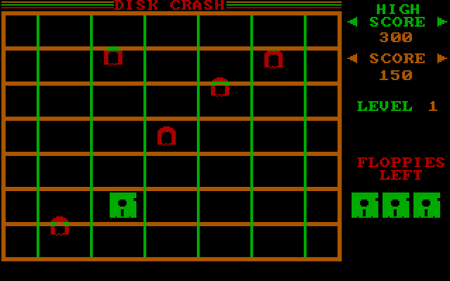 Disk Crash IBM PC/Compatibles Screenshot: Hurry, don't get caught by the magnets!