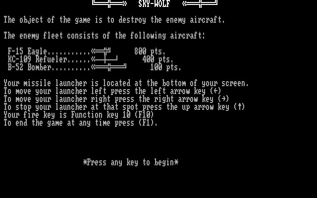 Sky Wolf IBM PC/Compatibles Screenshot: Game instructions.