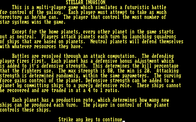Stellar Invasion IBM PC/Compatibles Screenshot: Game instructions, part 1.