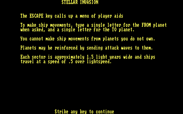 Stellar Invasion IBM PC/Compatibles Screenshot: Game instructions, part 2.