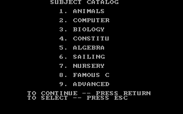 Game Show, The IBM PC/Compatibles Screenshot: A few of the subject catalogs...
