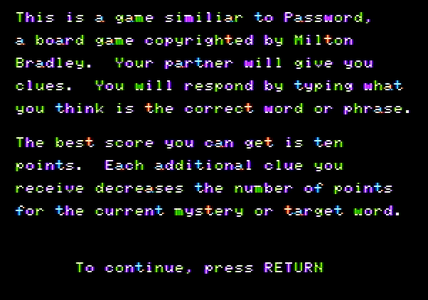 Game Show, The Apple II Screenshot: Game instructions.