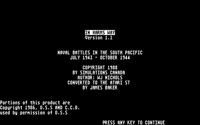 In Harm's Way Atari ST Screenshot: Title screen.