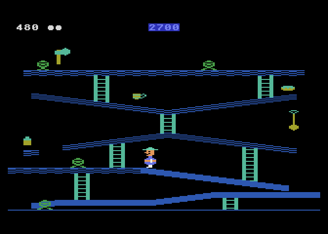 Miner 2049er Atari 8-bit Screenshot: When the mutants are green you can run into them to destroy them.
