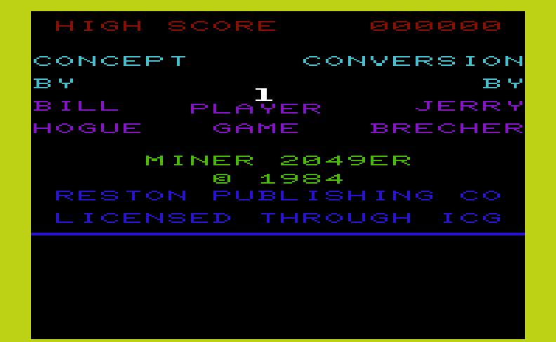 Miner 2049er Commodore VIC-20 Screenshot: Title screen.