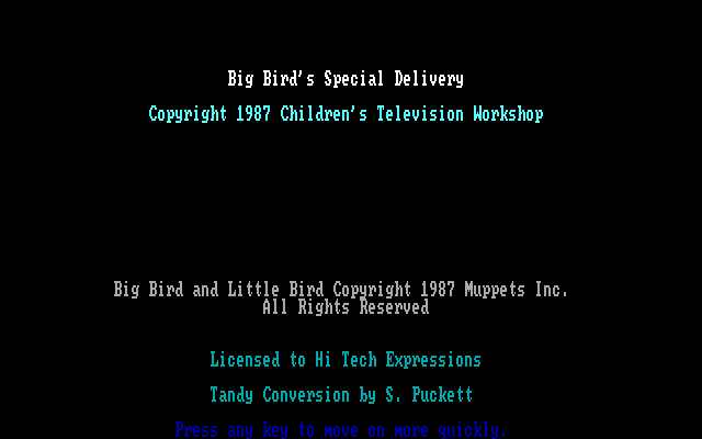 Big Bird's Special Delivery IBM PC/Compatibles Screenshot: Copyright screen.