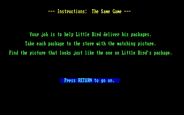 Big Bird's Special Delivery IBM PC/Compatibles Screenshot: Game instructions.