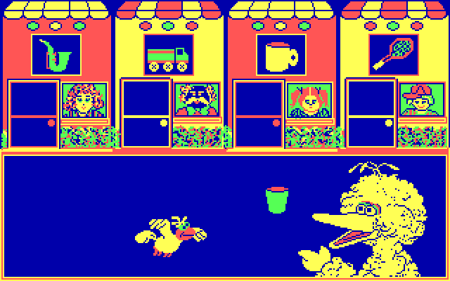 Big Bird's Special Delivery IBM PC/Compatibles Screenshot: This time I have a cup to deliver.