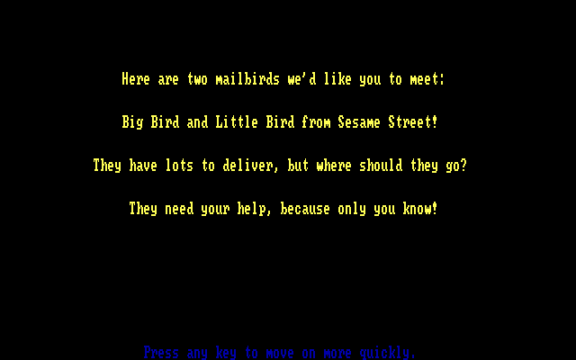Big Bird's Special Delivery IBM PC/Compatibles Screenshot: About the game.