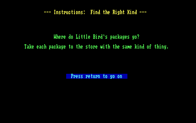 Big Bird's Special Delivery IBM PC/Compatibles Screenshot: Instructions for find the right kind...
