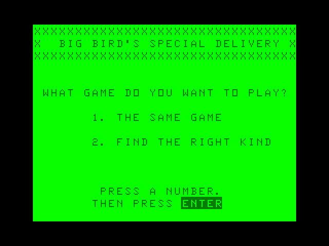 Big Bird's Special Delivery TRS-80 Color Computer Screenshot: The main menu.