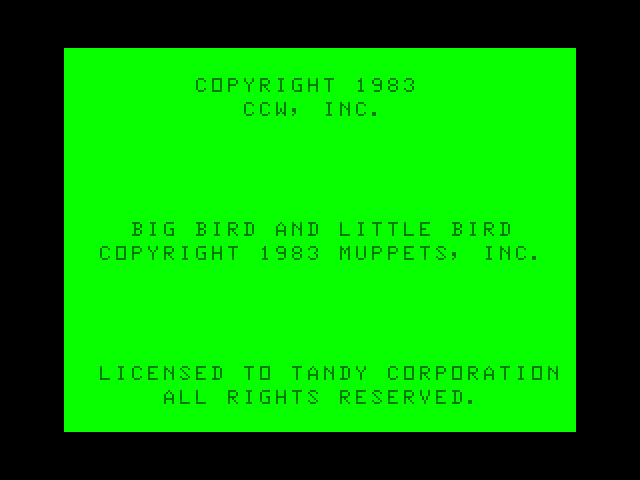 Big Bird's Special Delivery TRS-80 Color Computer Screenshot: Copyright screen.
