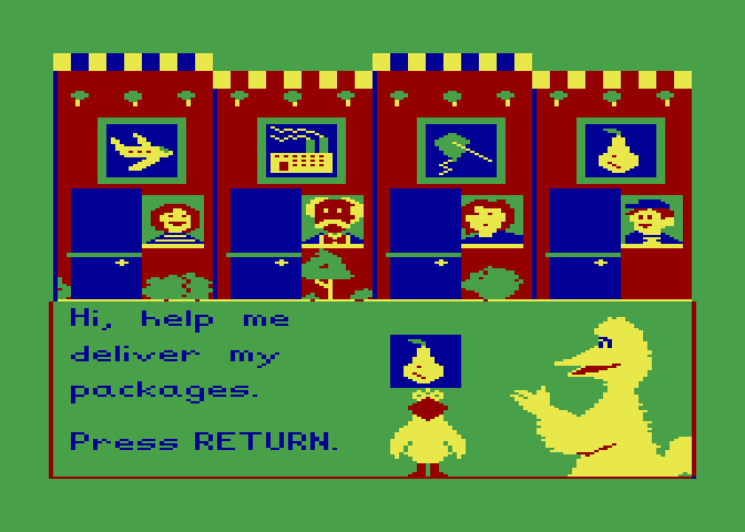 Big Bird's Special Delivery Atari 8-bit Screenshot: Ready to deliver a package?