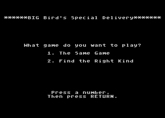 Big Bird's Special Delivery Atari 8-bit Screenshot: The main menu.