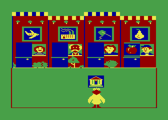 Big Bird's Special Delivery Atari 8-bit Screenshot: Hmm, where should I deliver this building?