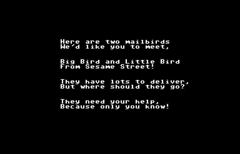 Big Bird's Special Delivery Commodore 64 Screenshot: Game introduction.