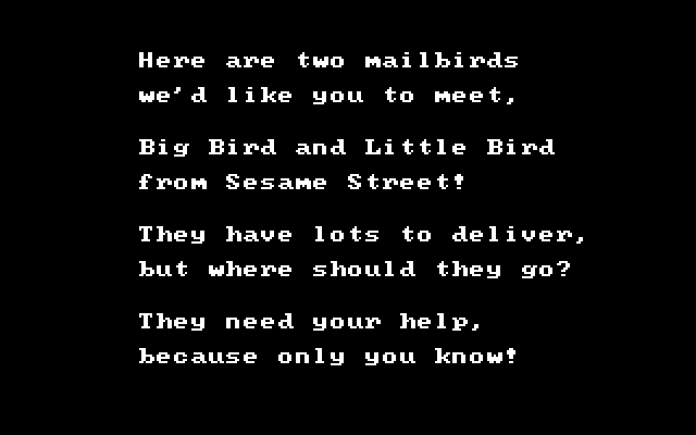 Big Bird's Special Delivery IBM PC/Compatibles Screenshot: About the game.