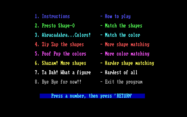 Ernie's Magic Shapes IBM PC/Compatibles Screenshot: The main menu.