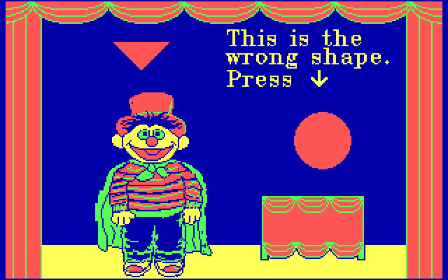Ernie's Magic Shapes IBM PC/Compatibles Screenshot: Game instructions; this is the wrong shape.