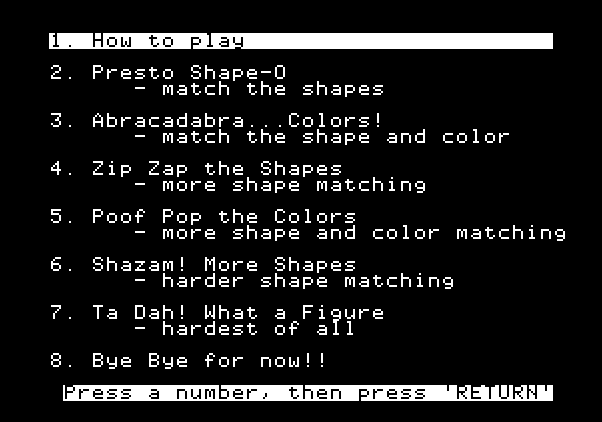 Ernie's Magic Shapes Apple II Screenshot: The main menu.