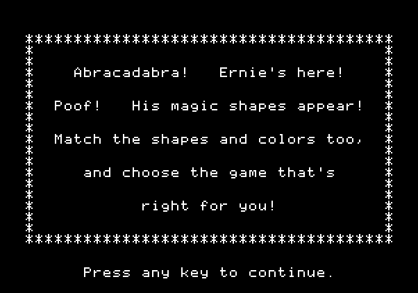 Ernie's Magic Shapes Apple II Screenshot: Welcome to the game!