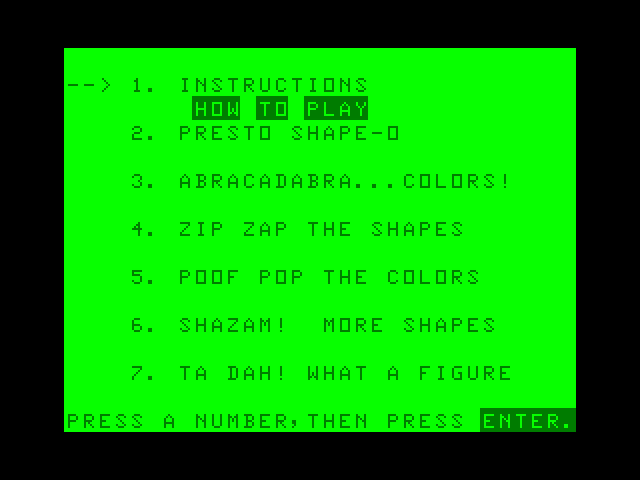 Ernie's Magic Shapes TRS-80 Color Computer Screenshot: The main menu.