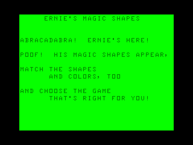 Ernie's Magic Shapes TRS-80 Color Computer Screenshot: Welcome to the game!