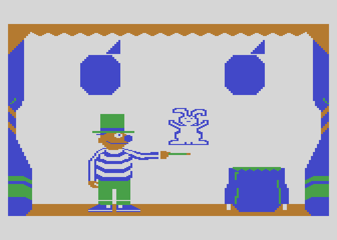 Ernie's Magic Shapes Atari 8-bit Screenshot: The rabbit dances!