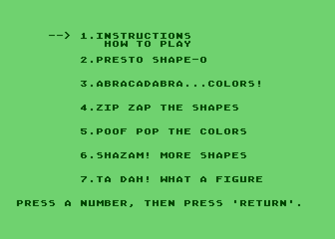 Ernie's Magic Shapes Atari 8-bit Screenshot: The main menu.