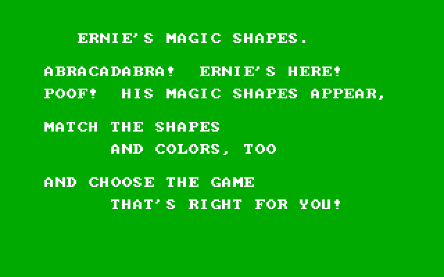 Ernie's Magic Shapes IBM PC/Compatibles Screenshot: About the game.